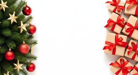 Christmas tree and gifts with red ribbons isolated on white background