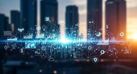 Digital network overlay with city skyline showing connection and technology integration in urban environment