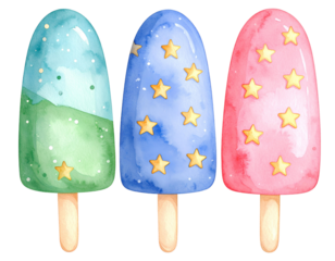 Cartoon-style illustration of three colorful ice cream popsicles with golden stars on