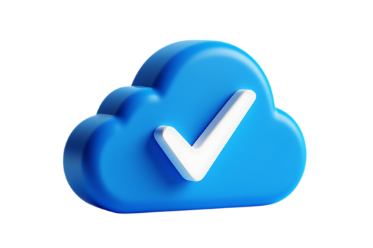 Glossy Blue 3D Cloud with a Prominent White Checkmark Symbolizing Data Security
