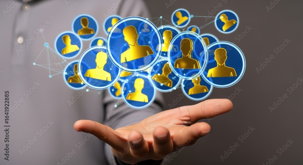 Poster social network connection interface above an open hand illustrating virtual team building and online