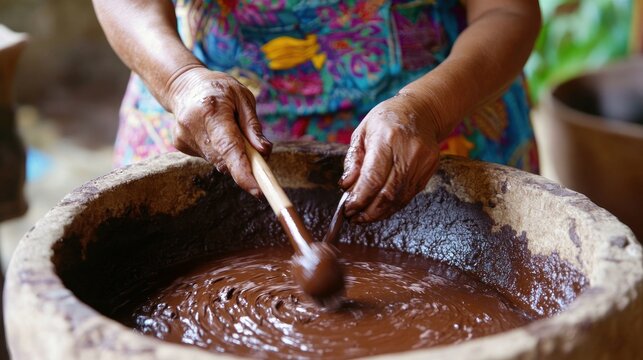 A person stirring chocolate in a large pot, showcasing traditional food preparation.