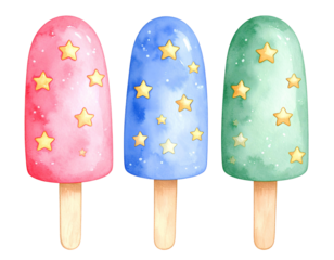 Cartoon-style illustration of three colorful ice cream popsicles with golden stars on