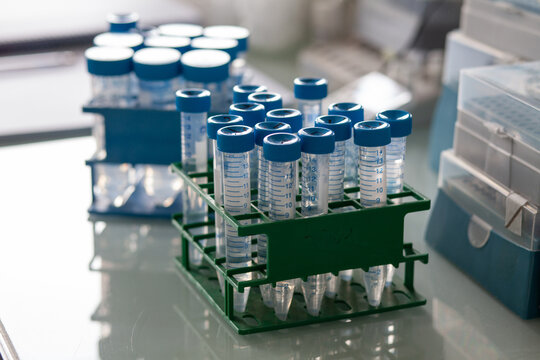 scientific research, tubes on a glass table in scientific laboratory