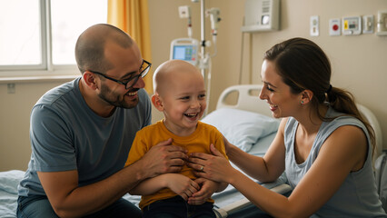 Laughing family visiting a child in the hospital. Happy bald boy with his loving parents on a hospital bed. Joy and family support during cancer treatment.
