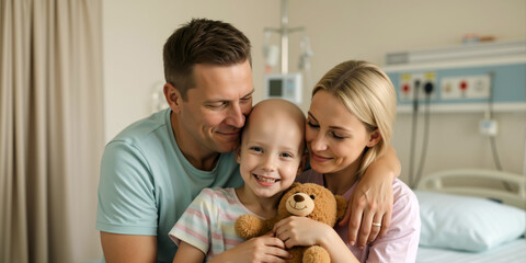 Loving family embracing a child cancer patient. Happy bald girl with a teddy bear being hugged by her parents in the hospital. Affection and support concept.