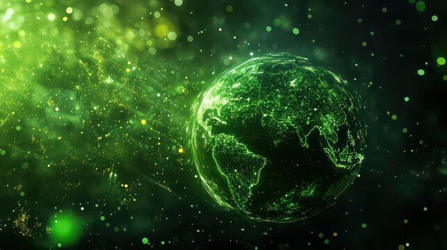 A green glowing earth with visible continents surrounded by green bokeh and light particles in space