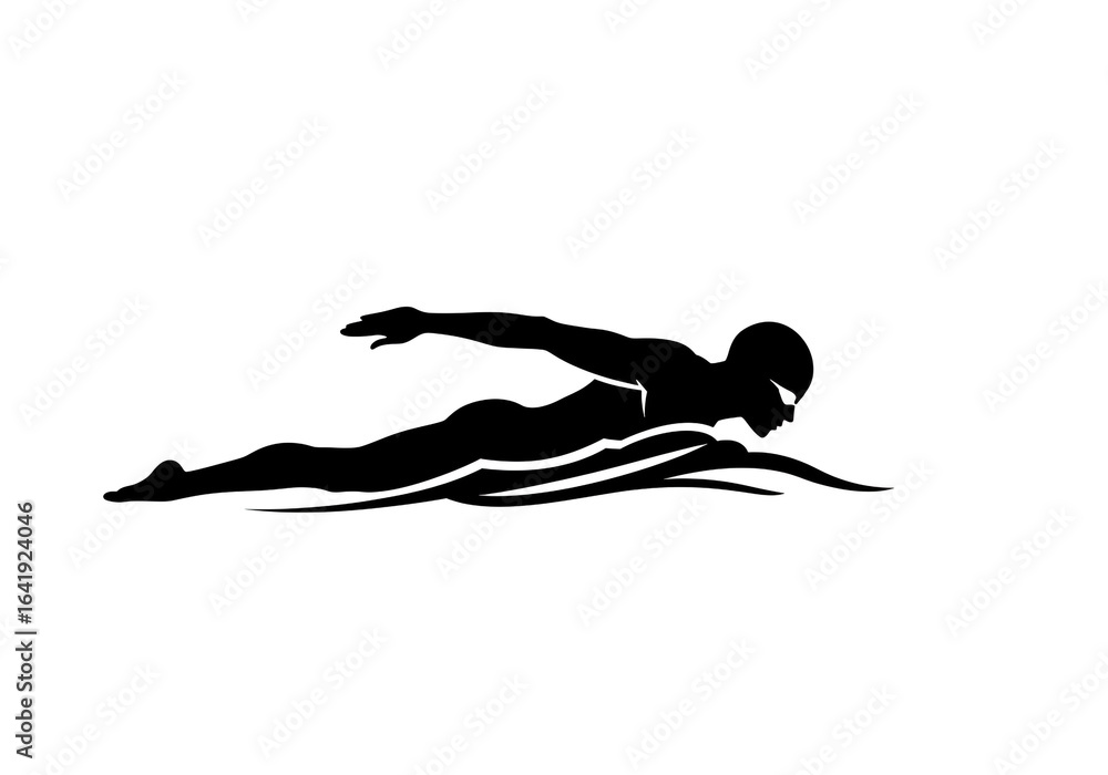 Poster silhouette of a swimmer in action with goggles and water waves in a minimalist design style