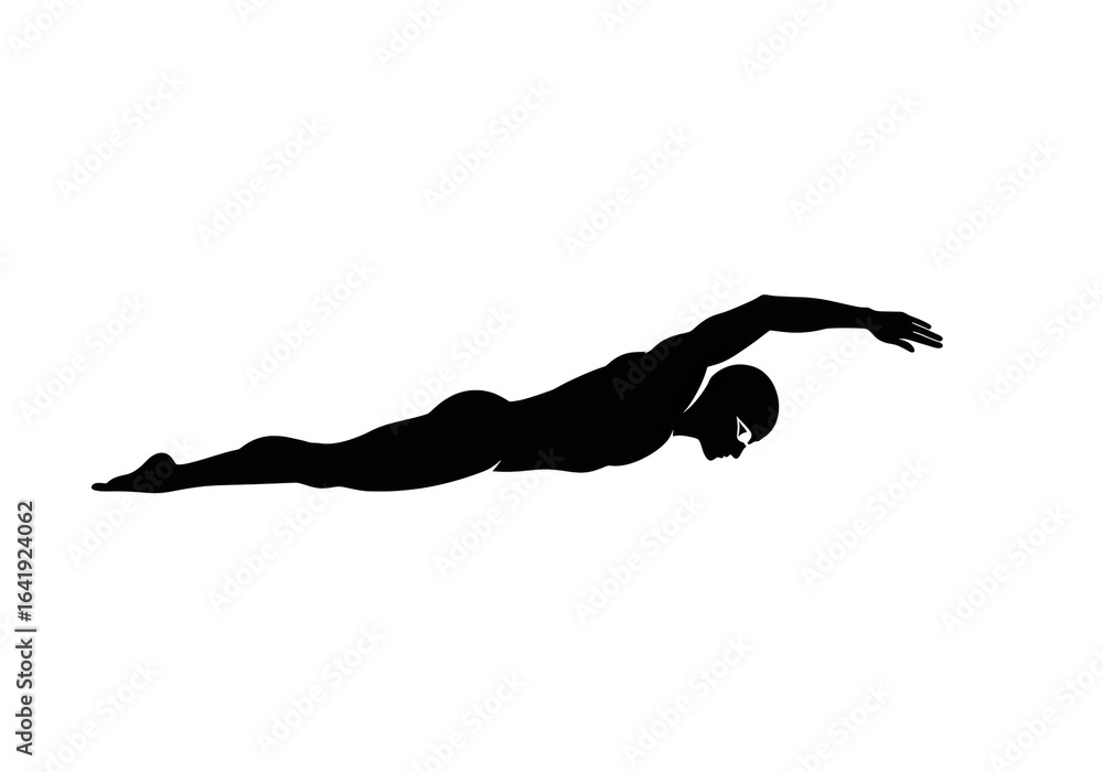 Poster silhouette illustration of a swimmer in action with goggles on a white background in a horizontal vi