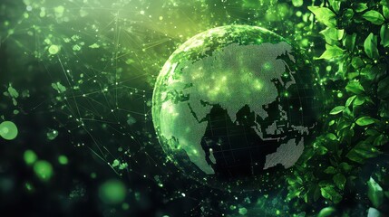 A green earth globe with digital connections and leaves representing nature and technology integration