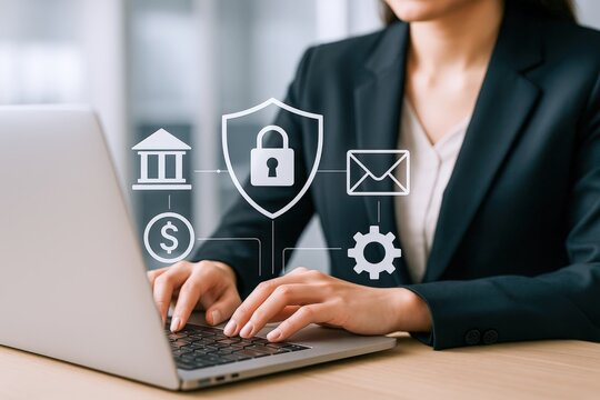 Businesswoman Typing on Laptop with Digital Security Shield Overlay for Data Protection and Cybersecurity