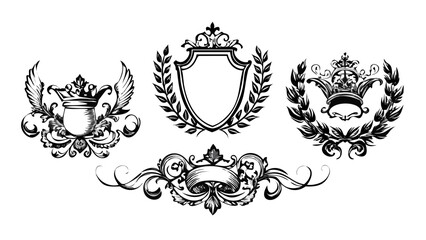 Illustration of heraldic crests and decorative elements featuring crowns and laurel wreaths design