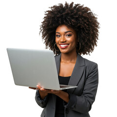 Smiling african american woman with curly hair wearing a blazer holding a silver laptop isolated on transparent background