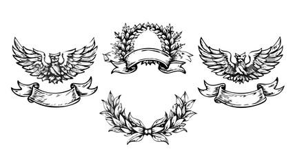 Illustration of eagles with banners and laurel wreaths in black and white sketch style drawing art