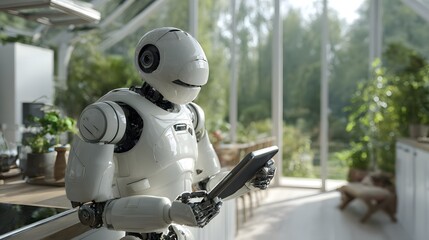 Robot assistant using tablet in modern kitchen, future technology and ai automation concept design 3d render