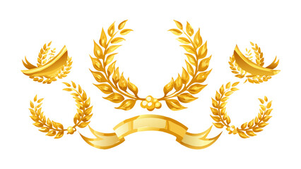 Golden laurel wreaths and a golden ribbon banner arranged on a white background in a decorative style