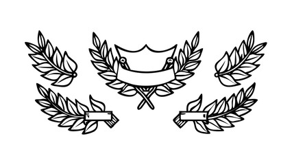 Outlined laurel wreaths and banners in a symmetrical arrangement on a white background design vector