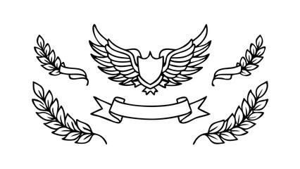 Illustration of a winged shield with laurel branches and banners in a black outline style design