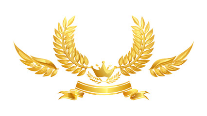 Golden laurel wreath with wings, crown, and banner illustration on a white background design element