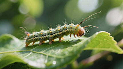 Fototapeta premium Extreme Macro Shot of a Caterpillar Crawling on a Leaf