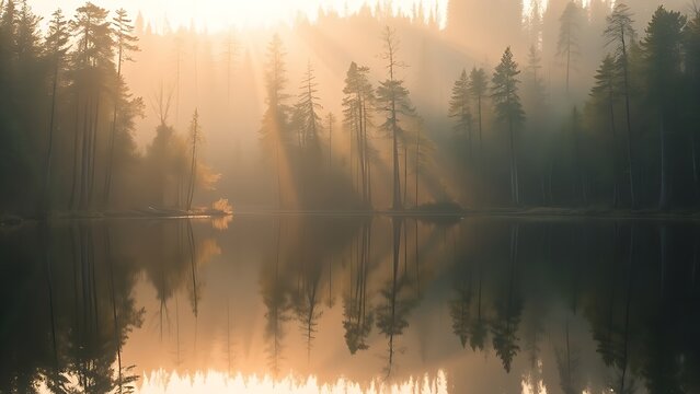 Peaceful forest landscape reflected in still water, capturing golden sunlight through trees.