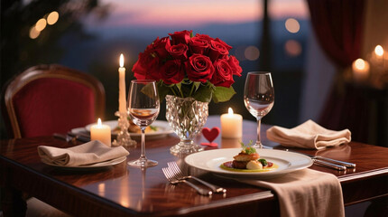 Romantic Valentines Day Table Setting with Candlelight