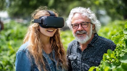 Young Woman and Senior Father Explore Virtual Reality in a Lush Green Garden - Powered by Adobe