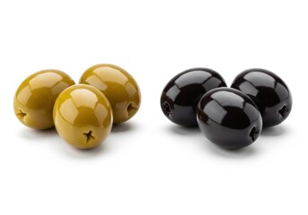 Three green olives and three olives arranged on a white fruit food