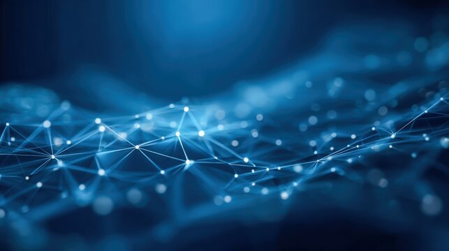 Abstract Network Connection Structure with Glowing Nodes on Dark Blue Background Represents Data Science