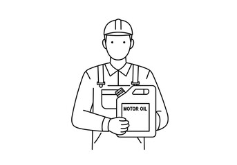 Line drawing of a mechanic holding a motor oil container wearing overalls and a cap in a white background