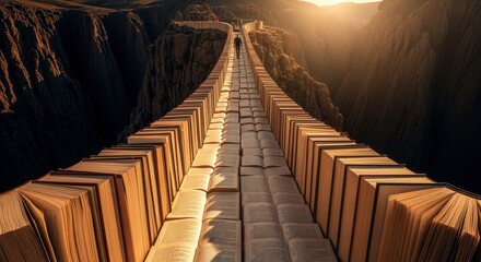A surreal landscape features a bridge made of open books, stretching across a canyon at sunset, symbolizing the journey of knowledge and imagination.