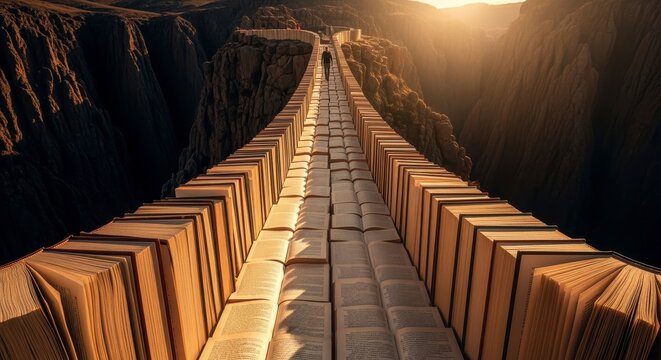 A surreal landscape features a bridge made of open books, stretching across a canyon at sunset, symbolizing the journey of knowledge and imagination.