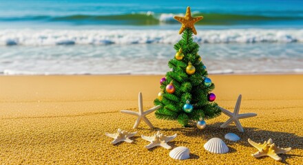 Tropical Christmas Celebration with Decorated Tree, Starfish, and Seashells on Sandy Beach