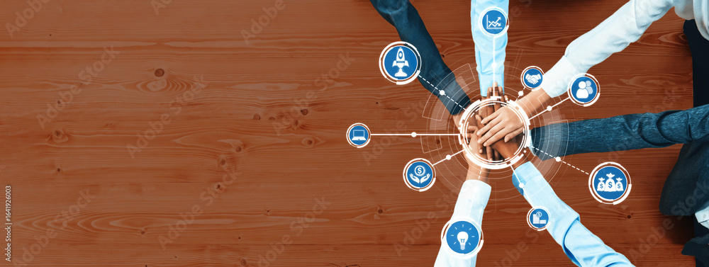 Aufkleber a dynamic scene of collaboration where diverse hands meet in unity, surrounded by graphical icons re