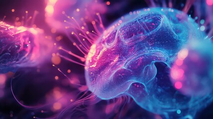 Fototapeta premium A close up of glowing abstract organic shapes in shades of blue and pink with wispy tendrils around it