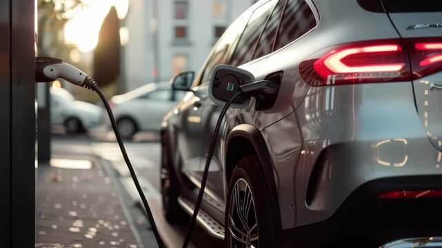 An eco-friendly, grey electric car is plugged into a charging station on a city street on a sunny day, symbolizing a transition to more sustainable transportation methods.