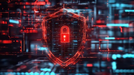 A digital shield with a red padlock in the center against a futuristic circuit board backdrop