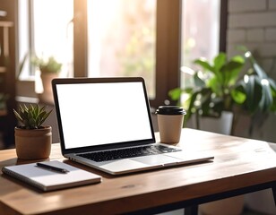Modern laptop workspace with plants and coffee