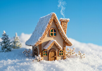Cozy gingerbread house covered in snow during winter season  