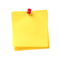 Yellow paper note with red pin isolated on a transparent background sticky post