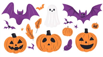A colorful Halloween-themed illustration featuring bats, pumpkins, a ghost, and autumn leaves.