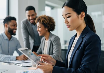 Diverse business team collaborating on a project using a tablet