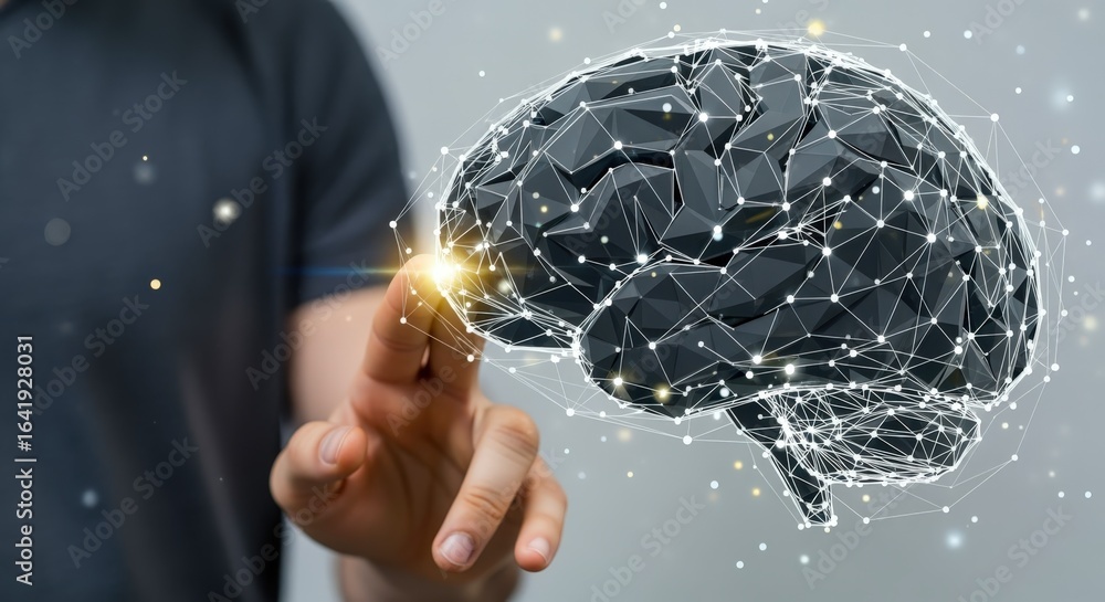 Poster conceptual digital brain illustration: person interacting with artificial intelligence, representing