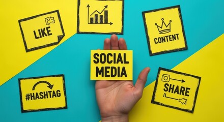 Hand Holding Social Media Card Surrounded by Like, Share, Content, and Hashtag on Colorful Background