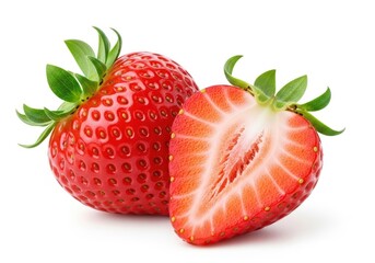 Two ripe red strawberries one whole and one halved showing seeds and flesh strawberry fruit