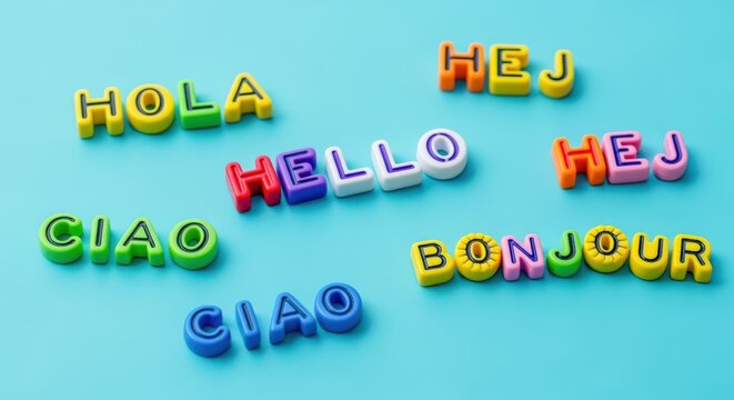 Colorful Fridge Magnet Letters Spelling 'Hello' in Different Languages on a Teal Background