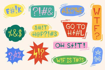 Colorful hand drawn stickers with angry swear words and symbols
