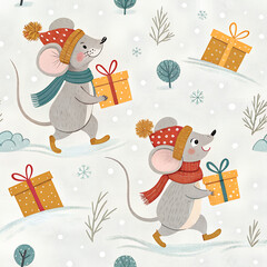 Little mice in winter hats, carrying tiny presents, seamless design.
