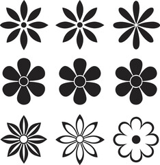 Fototapeta premium Nine Black and White Flower Icons with Varied Petal Designs graphic