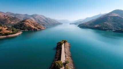 Wide angle perspective reveals a sea bridge in the background with industrial buildings and a vibrant green mountain under heavy clouds